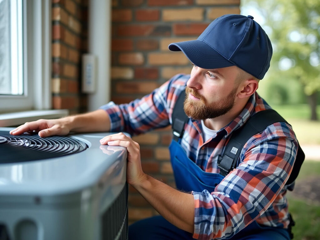 A technician is servicing an air conditioner, concentrating on repairs to enhance cooling efficiency.