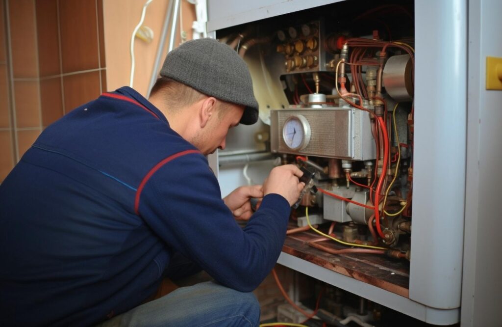 A man is engaged in maintenance work on a gas furnace, showcasing expertise.