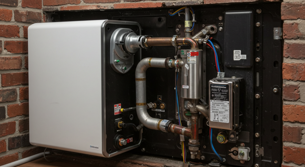 A gas boiler positioned next to a brick wall