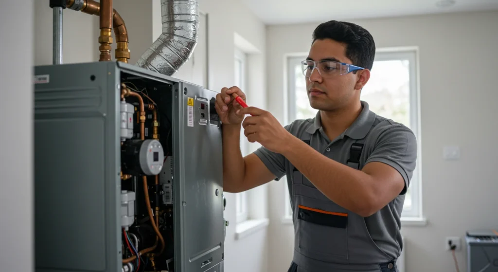 A technician is working on a gas furnace, emphasizing his role in heating system