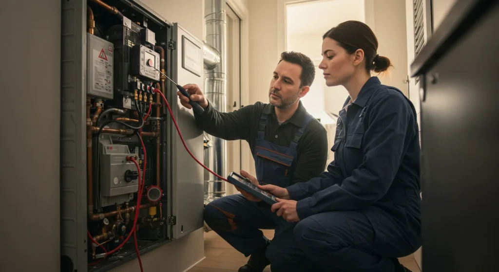 Technicians are servicing a gas furnace, demonstrating skilled craftsmanship.