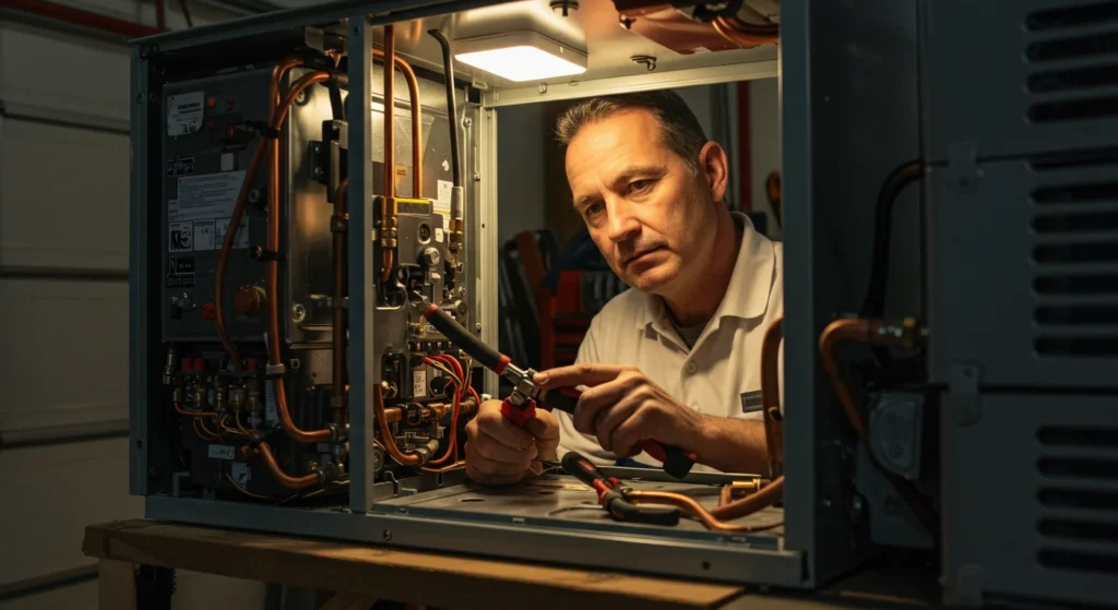 A technician is working on a gas furnace, emphasizing his role in heating system