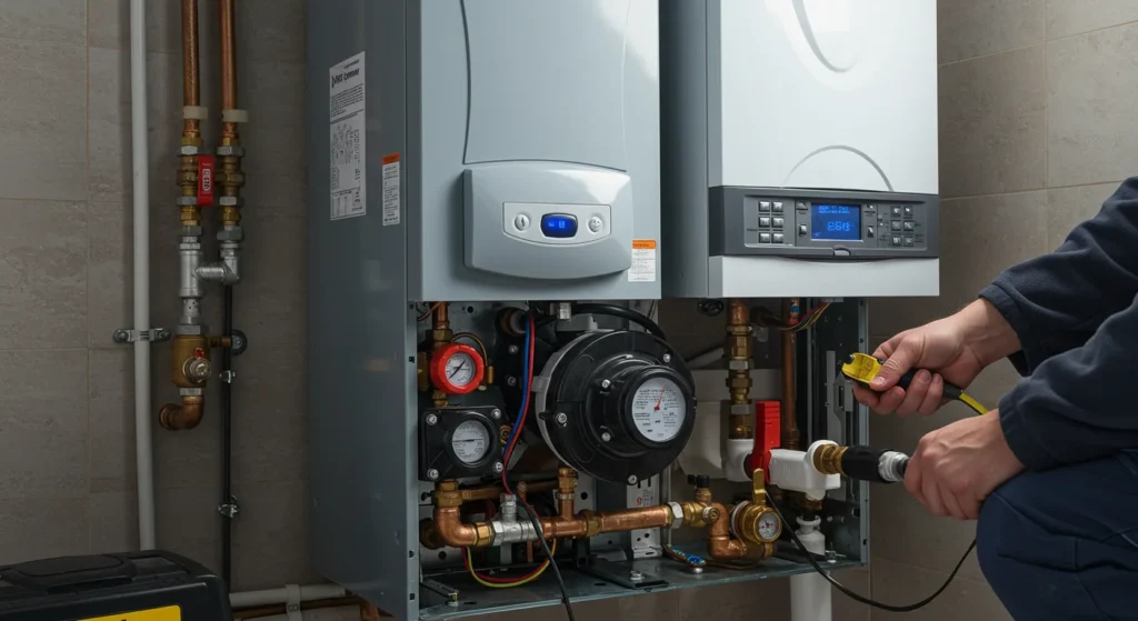 A man is engaged in maintenance work on a gas furnace