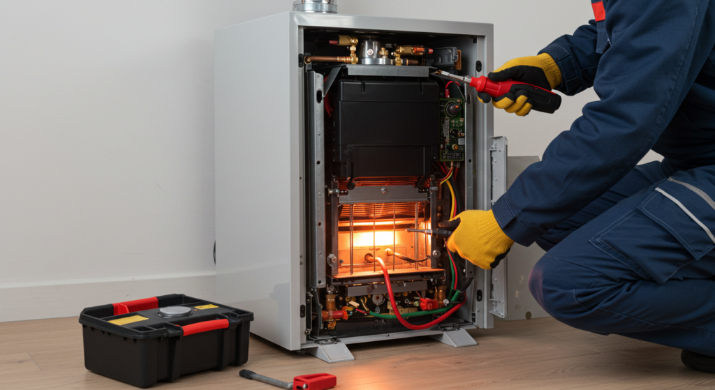 A man is engaged in maintenance work on a gas furnace, showcasing expertise